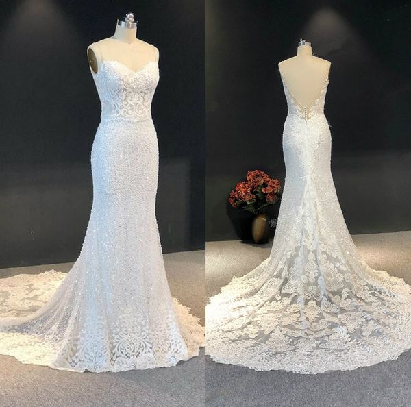 

real image luxury mermaid wedding dresses sweetheart lace sequins beads appliqued beach wedding dress custom made sweep train bridal gowns, White