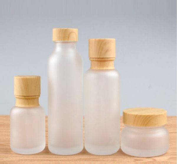 

frosted glass jar lotion cream bottles round cosmetic jars hand face lotion pump bottle with wood grain cap