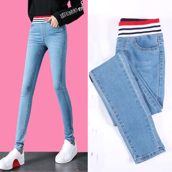 

plus size soft autumn fashion denim jeans for women denim pencil pants elastic waist full length casual skinny female trousers, Blue