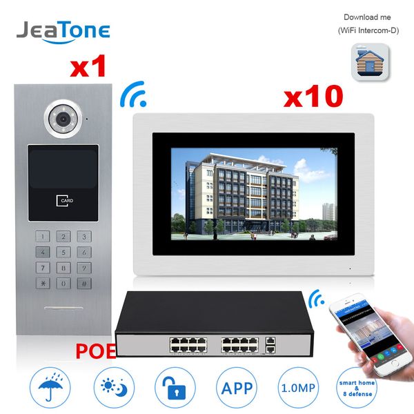 

jeatone 7 '' сенсорный экран wi-fi ip-видео домофон домофон + poe switch 10 этажей система контроля доступа здания поддержка пароля / ic кар