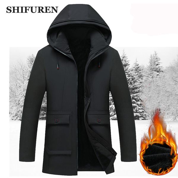 

shifuren warm coat parka winter jacket men fleece cotton-padded overcoat causal male long sleeve hooded jackets jaqueta, Black