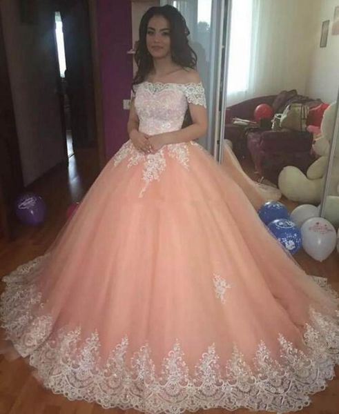 Платья Quinceanera 2021 с кружевными аппликациями с плеча выпускного плеча Тюль длиной дол Формальное вечернее бальное платье