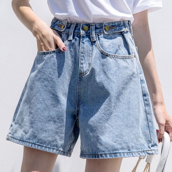 

2019 summer shorts jeans female waist button design high waist shorts women 98%cotton casual jeans sweet student, Blue