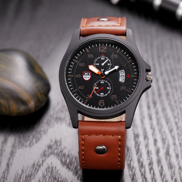 

classic men watch men's waterproof date leather strap sport quartz army watch male wrist party decoration fashion, Slivery;brown