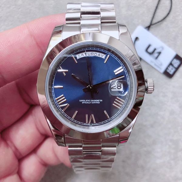 

u1 factory men watch day date 40mm blue new roma dial automatic mechanical sapphire glass smooth stainless steel wristwatches, Slivery;brown