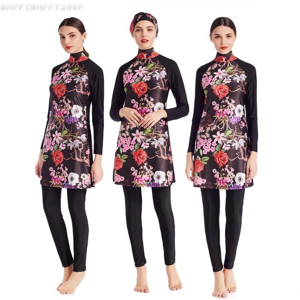 

3pcs plus size women muslim floral swimsuit summer modesty islamic maxi casual burkinis full cover swimming cap long pants