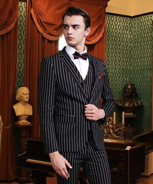 Новое поступление - Черные полоски мужские свадебные смокинги с надписью жениха смокинги Fashin Мужская куртка Блейзер 3 шт костюм (куртка + брюки + галстук + жилет) 2481