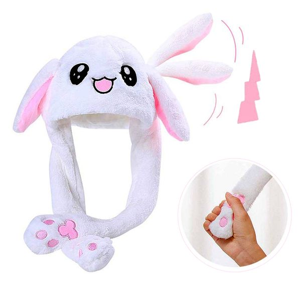 

girls animals ear moving jumping hats children women warm plush rabbit winter caps kids cute bunny fuzzy pinch airbag funny hats, Yellow