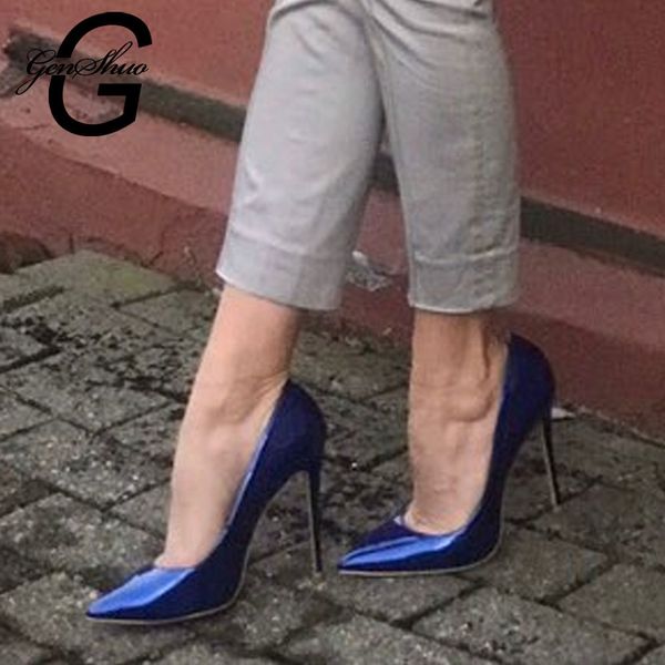 

genshuo elegant women dark blue patent leather pointy evening dress pumps high heels ladies party shoes plus size 6-12 pumps, Black