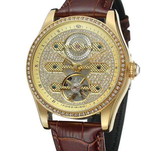 

mens watches automatic mechanical golden skeleton diamond design men's automatic self-wind leather wristwatches, Slivery;brown