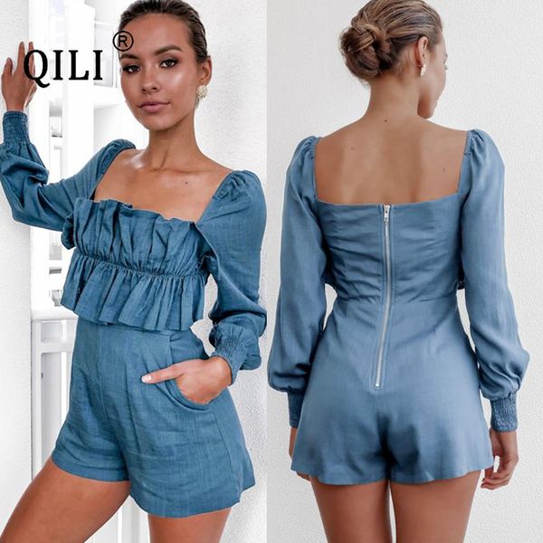 

qili 2019 new long sleeve pleated low tube casual jumpsuit shorts women's rompers clothing, Black;white