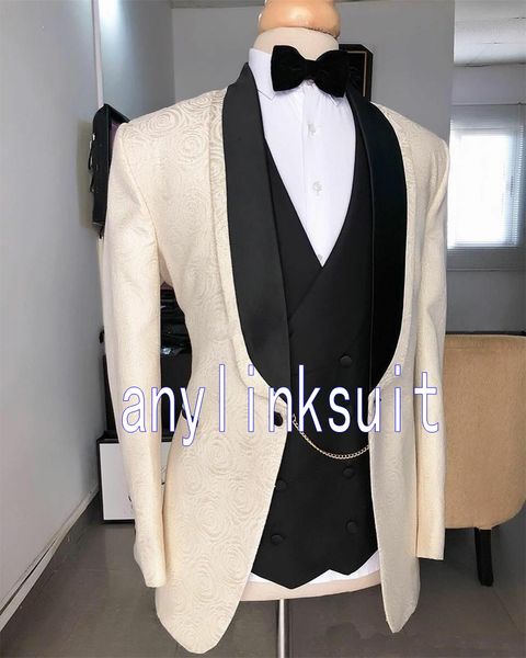 Mais recente projeto um botão Gravação Homens Wedding Suits xaile lapela três Pieces Negócios Noivo Smoking (Jacket + Calças + Vest + Tie) W1110