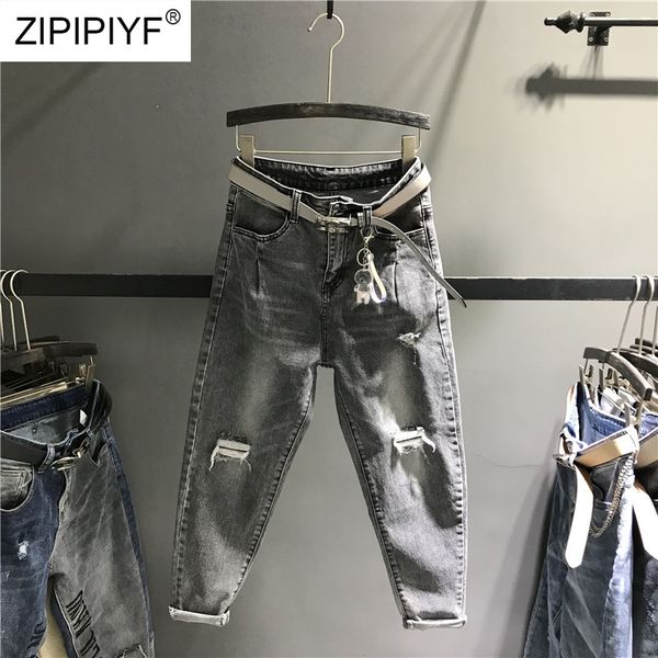 

european fashion jeans women high waist stretch elastic denim pants female ankle-length holes trousers ripped harem pants k503, Blue