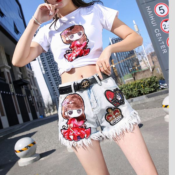 

europe women summer 2019 korea new embroidery cartoon slim college style age reduction cowboy tassel shorts wide leg female k022, White;black