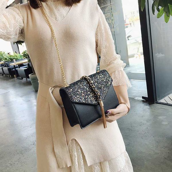 

2019 fashion new ladies sequin square bag pu leather women's handbag tassel chain shoulder crossbody bag