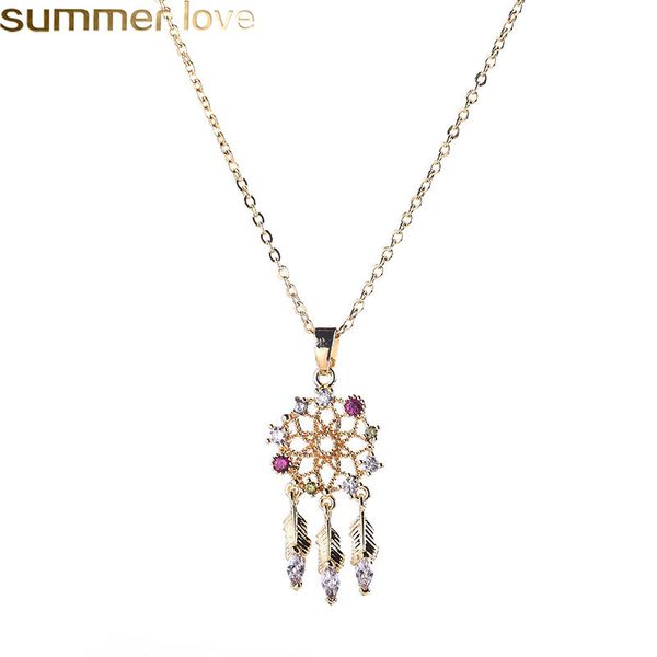 

hollow dream catcher pendant necklace for women cubic zircon gold pendant necklace feather charm fashion lady girls jewelry, Silver