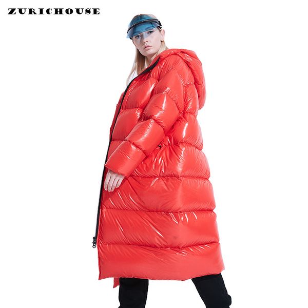 

zurichouse 2019 winter down jacket women long luxury hooded warm parka fashion glossy loose thicken 90% down coat, Black