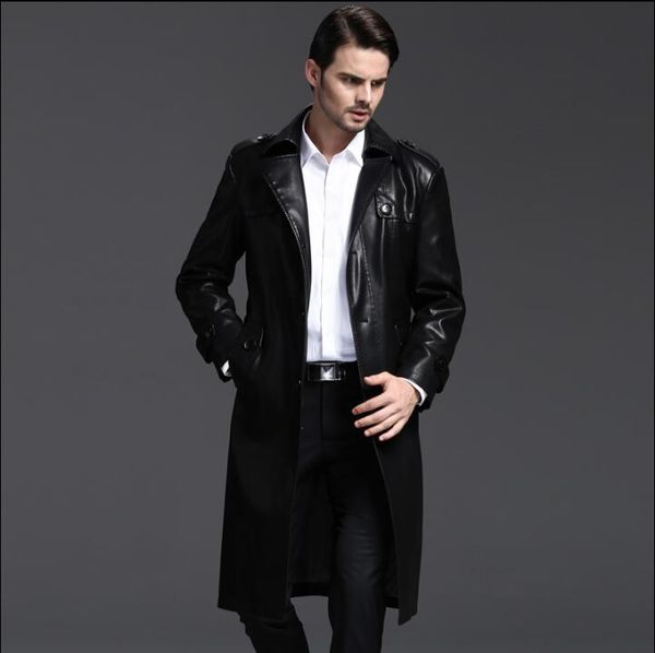 

korean winter autumn black casual detachable liner leather coats men slim single-breasted long coat mens leather trench coats