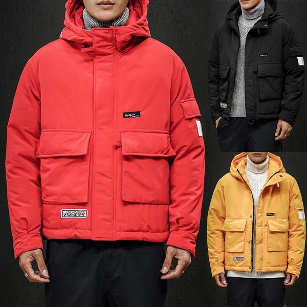 

men's jackets parka autumn new fashion men winter casual pure color hooded warm cotton clothing coat windbreaker coat chaquetas, Black