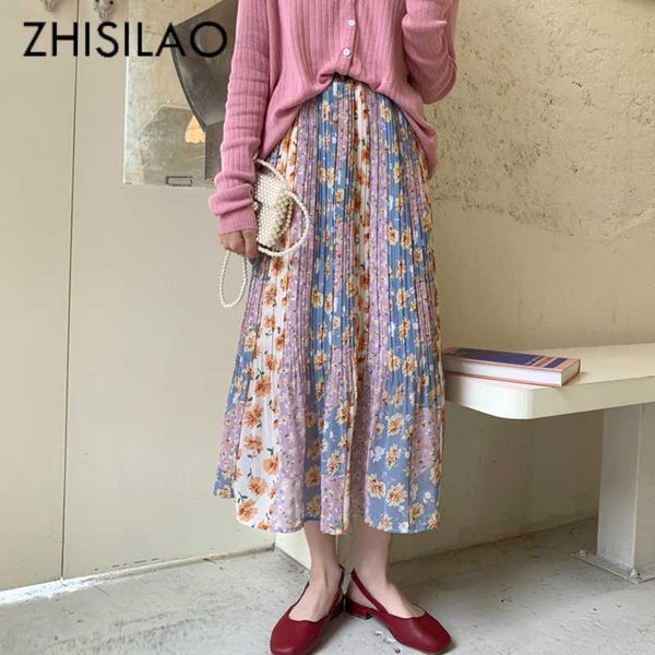 

floral daisy peated skirt women midi boho high waist chiffon skirt mujer 2020 vintage elegant a-line long plus size retro, Black