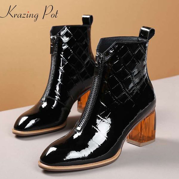 

krazing pot new basic clothing korean girl prints genuine leather zipper crystal high heels round toe keep warm ankle boots l8f1, Black