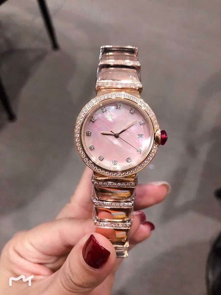 

33mm pink mother of pearl dial joker womens watches quartz ladies watch desirable noble wristwatches diamond stainless steel bracelet, Slivery;brown