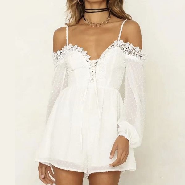 

jumpsuit womens bodysuit women lace spaghetti strap chiffon jumpsuits rompers combishort off shoulder bandage short jumpsuit, Black;white