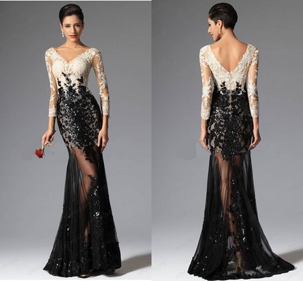 

modest mermaid prom dresses 2020 formal dresses v neckline black and white lace evening dresses beaded pageant gowns