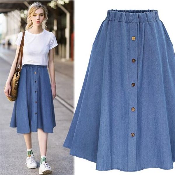 

2020 preppy style denim women plus size long faldas nature waist female big hem button jean skirt dv764, Black