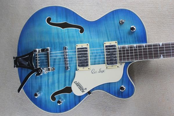 

custom wholesale blue tiger pattern semi-hollow body jazz electric guitar with customized service