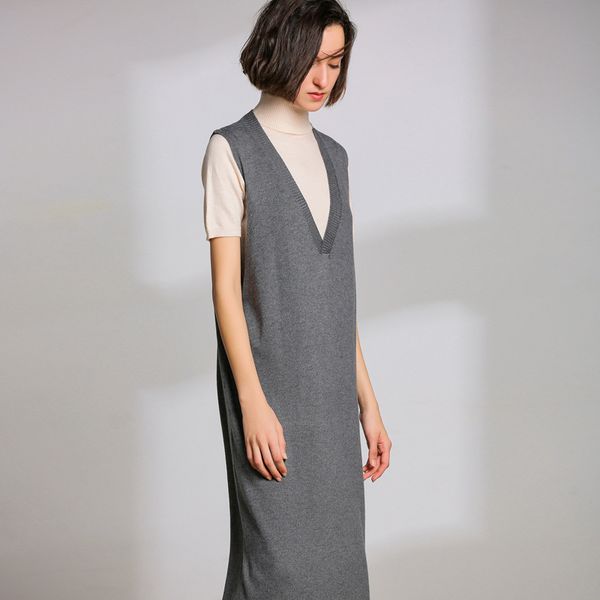 

lhzsyy 2019spring new women's wool knit large size long v-neck vest vest sleeveless sweater bottoming knit high waist long skirt, White