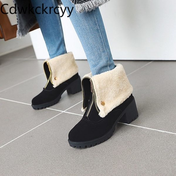 

winter the new fashion round head thick heel boots black suede plus velvet keep warm high heel women boots size 34-43