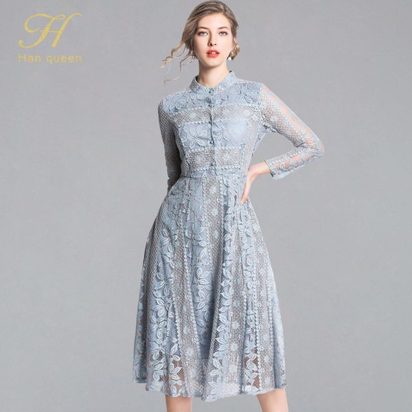 

h han queen new arrival 2019 spring lace dress fashion vintage floral hollow out luxury elegant slim women evening party dresses, Black;gray