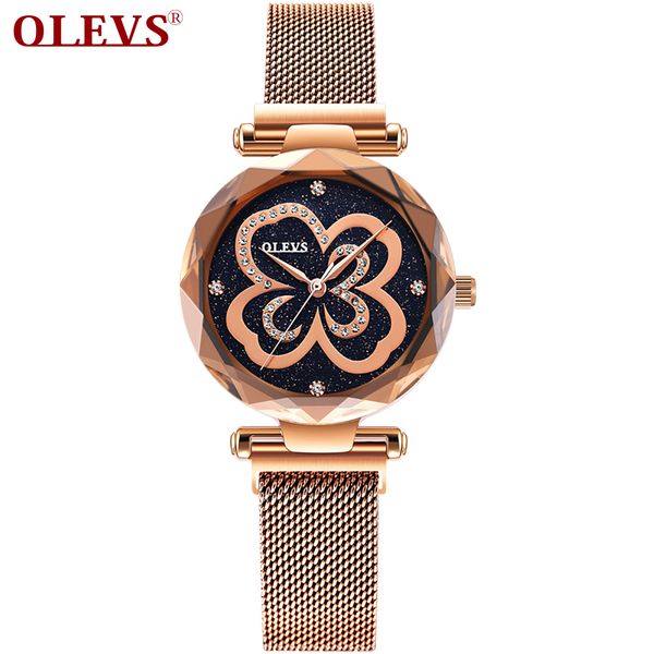 

olevs luxury rose gold women watches starry sky rhinestone clock lady dress milanese magnetic strap bayan drop shipping 5889, Slivery;brown