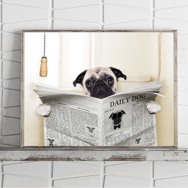

pug dog on toilet and reading magazine having a break funny canvas poster prints bathroom toilet wall art decor canvas painting