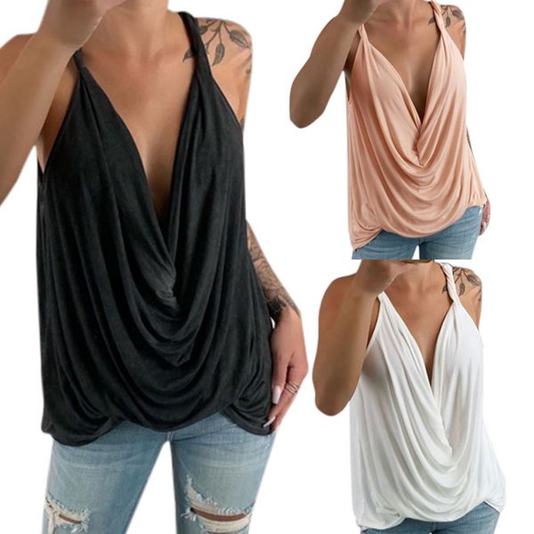 

women deep v-neck strap tank wrap ruffle pleated summer beach xrq88, White