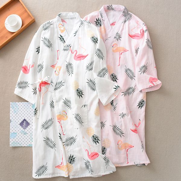 

summer women cotton gauze robe gown japanese kimono bathrobe casual yukata night dress print lovely pajamas sleepwear, Black;red
