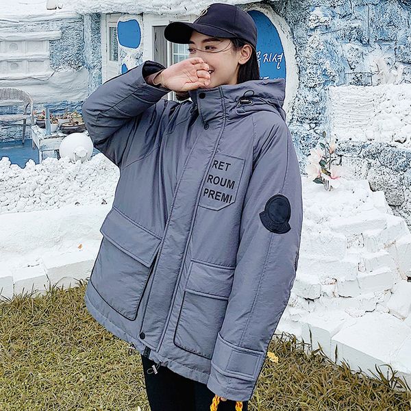 

new fashion space cotton padded coat women winter hooded letter print warm jacket ladies leisure thicken pockets manteau femme, Black