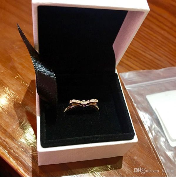 

new cute cz diamond bowknot fashion ring set original gift box for pandora 925 sterling silver crystal wedding ring for women, Slivery;golden