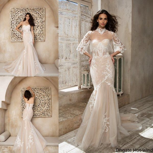 

новейший элегантный русалка свадебные платья кружева аппликации иллюзия лиф свадебные платья без бретелек с тюль поезд стреловидности vestid, White