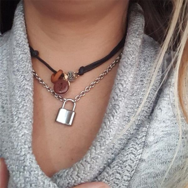 

stainless steel padlock key necklace for women men lock chain necklaces heavy duty streetwear choker metal collar, Silver