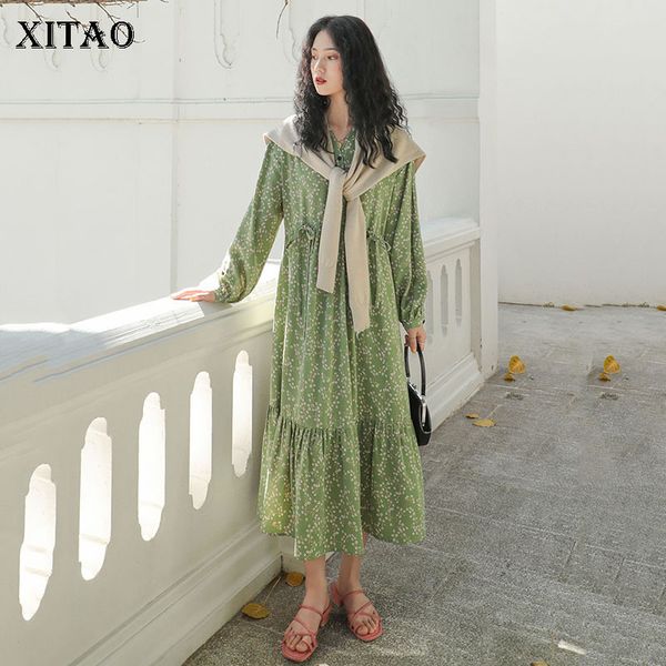 

xitao print pattern vintage dress fashion new waist pleated loose split 2020 spring pullover goddess fan casual dress xj4061, Black;gray