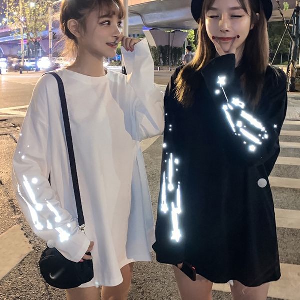 

футболка светоотражающих свободный повседневная плюс размер футболка с длинным рукавом корейских женщин типа femme черный белой негабаритный, White