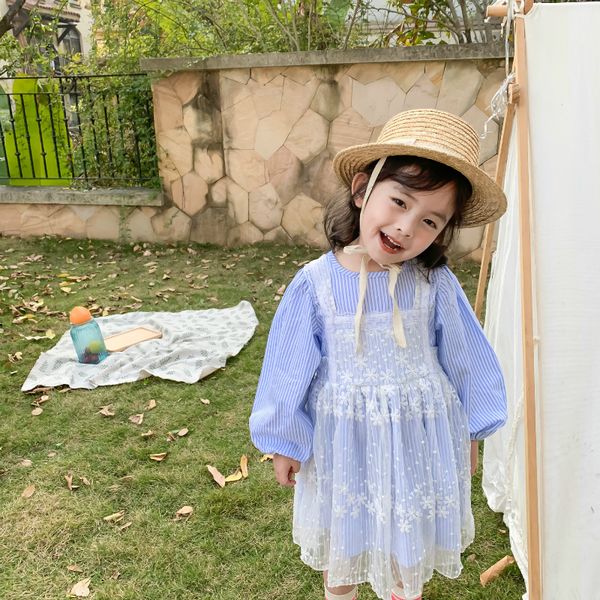 

spring models childrens clothing korean-style striped lace mesh panel dress baby girls mock two-piece princess skirt, Red;yellow