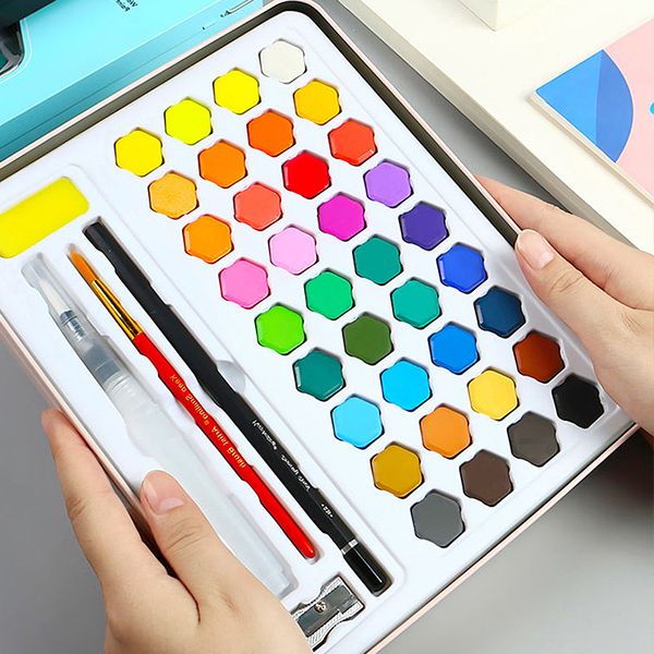 

36 colors watercolor pigment solid watercolor paint set bright colors portable water color pigment with iron box art supplies