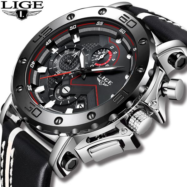 

watches men's quartz watch lige fashion leather sport waterproof analog wristwatches relogio masculino, Slivery;brown