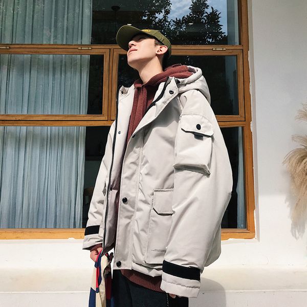 

winter new tooling jacket men warm fashion solid color casual hooded coat man streetwear wild loose thick cotton male clothes, Tan;black