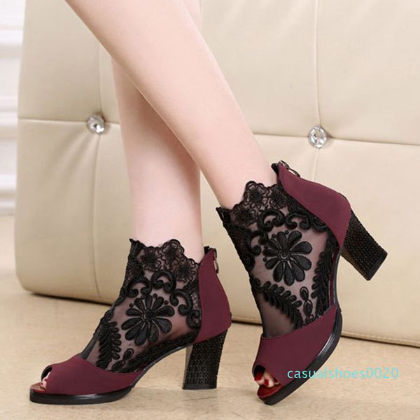 

net yarn new fashion high heels thick with lace fish mouth women shoes gladiator sandals boots women models c20, Black