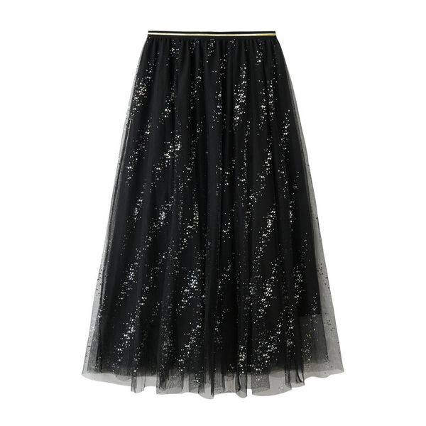 

2019 new fairy skirts female sequined skirt long shiny white gauze wave point a word bust skirt of tall waist full skirted, Black