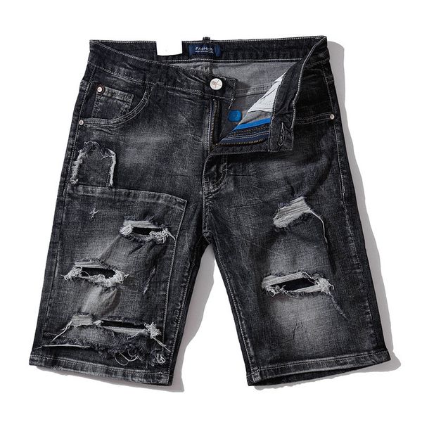 

men's fashion ripped short jeans with holes black distressed denim shorts for man destroyed jeans bermuda size 28-36, Blue